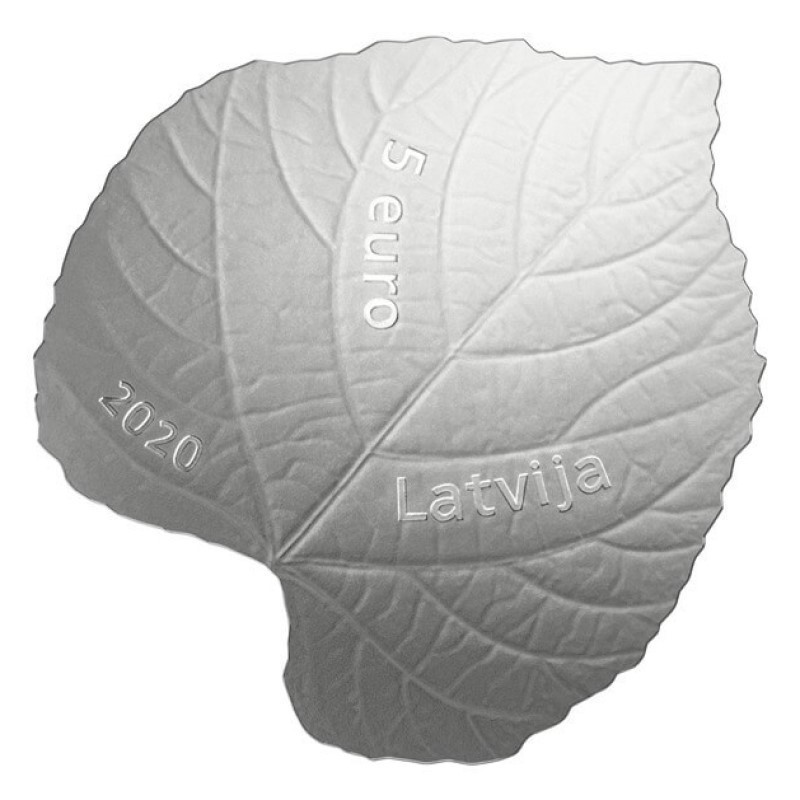 Latvija 2020 5 eurų sidabrinė moneta - Liepos lapas aversas