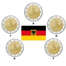 Vokietijos 2022 2 eurų proginės monetos - Tiuringija*Vartburgo pilis (A, D, F, G, J)