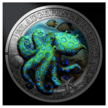 Austria 2022 3 euro coin glowing in UV - Blue-ringed octopus