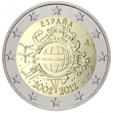 Ispanija 2012 2 eurų proginė moneta - 10 metų eurui (TYE)